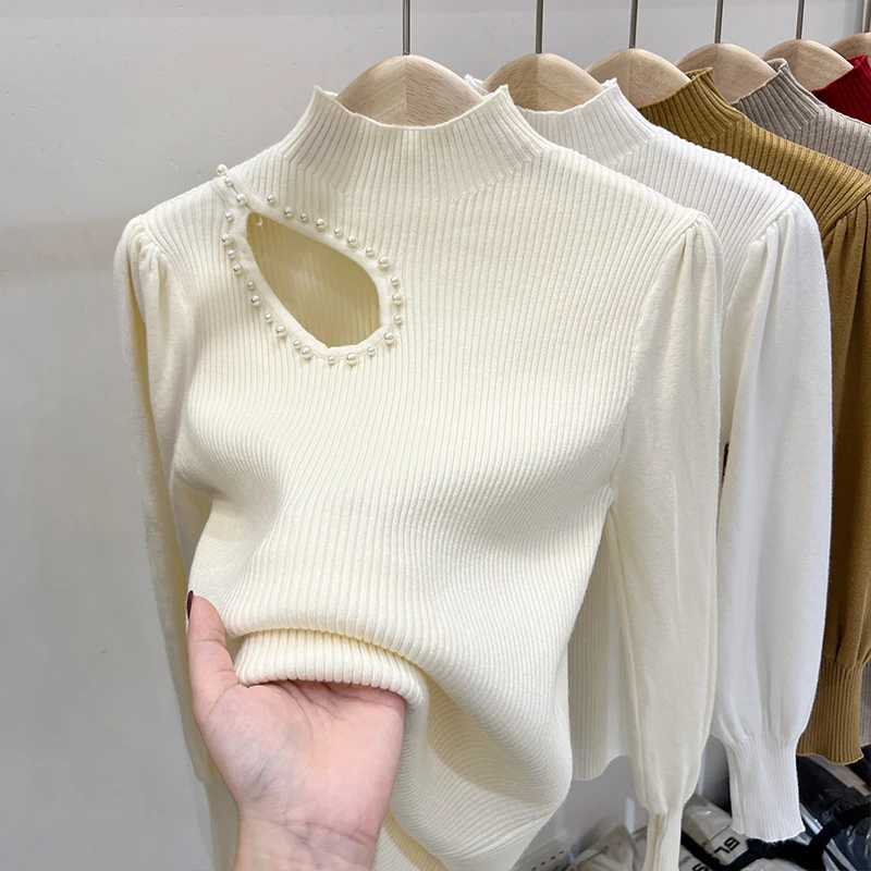 重工镶钻打底毛衣女半高领秋冬欧货镂空锁骨内搭上衣针织打底衫女