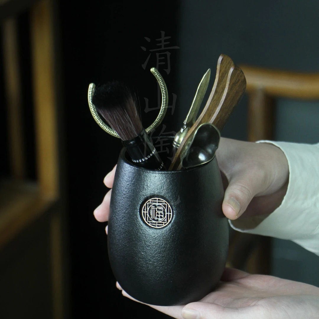 黑陶六君子茶道配件茶针茶杯托养壶笔黑陶底桶156