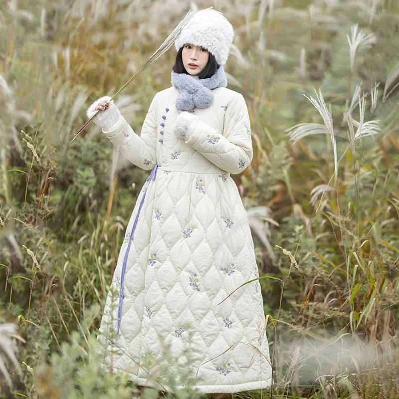 现货856【花朝月夕】长款刺绣棉衣棉服女冬白色偏门襟盘扣中式外套