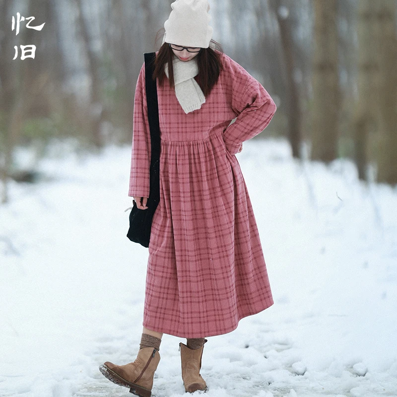 现货2904【桃夭诗诗】复古灯芯绒加绒连衣裙女冬防寒保暖印花格子裙