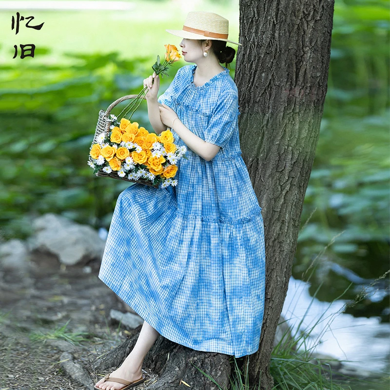 现货3107【泉水叮咚】复古蓝白方格子连衣裙木耳领拼接长裙女夏裙子