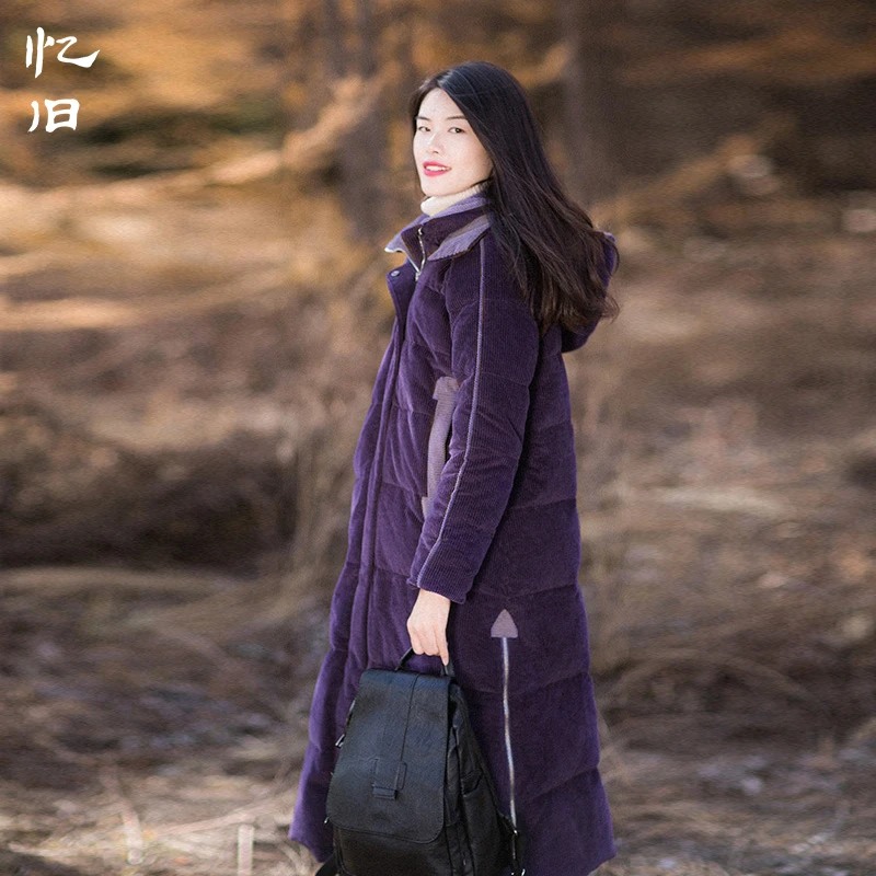 现货纯棉灯芯绒可脱卸羽绒服女过膝2023年冬季新款加厚白鸭绒外套