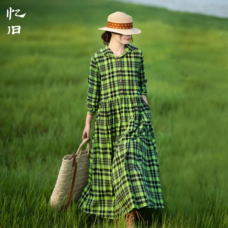 【暮秋时节】复古连帽长袖连衣裙女秋季2024新款色织棉绿格子长裙