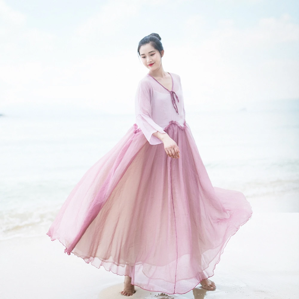 【现货】780新款宽松V领双色拼接连衣裙女