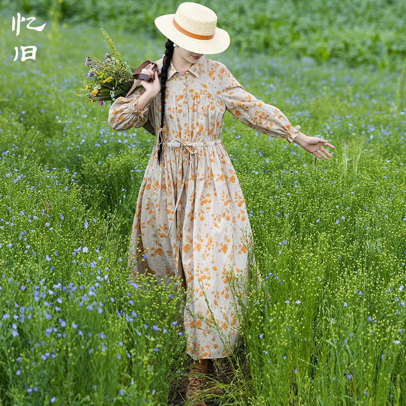 现货3066【花田姑娘】复古怀旧风连衣裙女秋天丝印花收腰系带显瘦裙