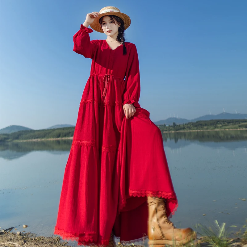 【红尘出装】V领蕾丝花边红色针织连衣长裙女秋季抽绳显瘦蛋糕裙