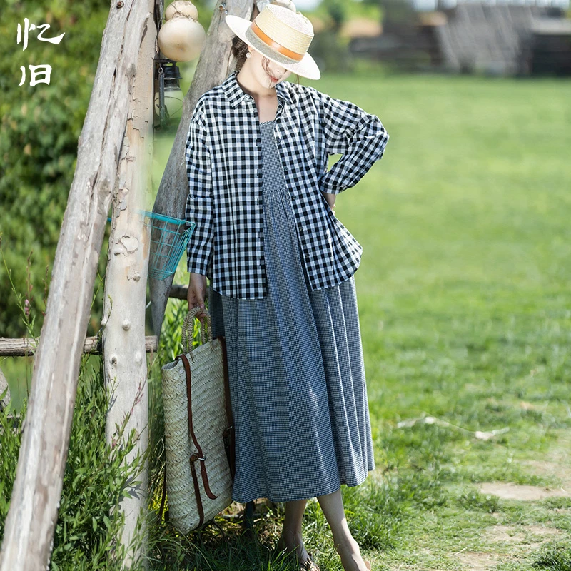 现货3084【星回】文艺黑白格子衬衣纯棉无袖吊带连衣裙女夏季两件装