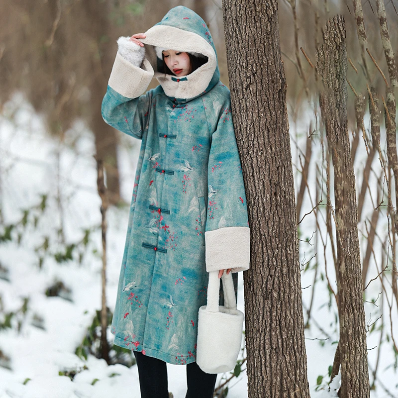 现货【松龄仙鹤】新中式国风珍珠呢印花外套女冬连帽盘扣毛绒大衣