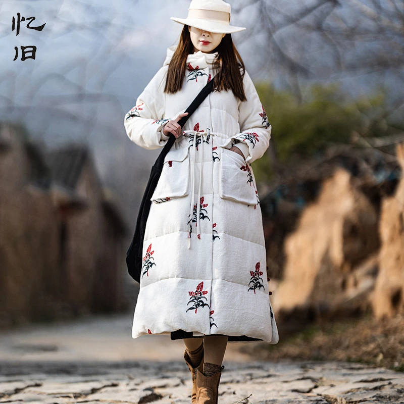 忆旧现货【叶落如歌】棉麻刺绣羽绒服女中长款2023新款收腰显瘦棉服