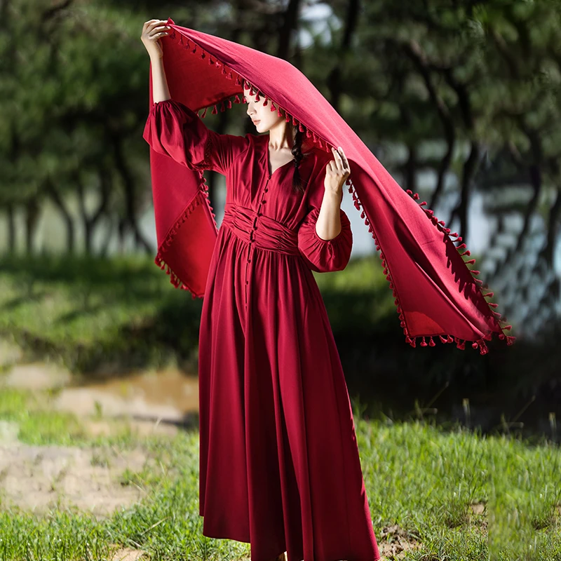 现货【相见欢】复古蕾丝花边设计感连衣裙女秋季新款收腰碎褶红色裙