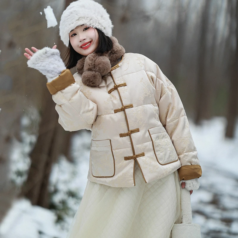 现货1064【祥瑞似锦】轻中式保暖羽绒服女短款撞色盘扣提花外套