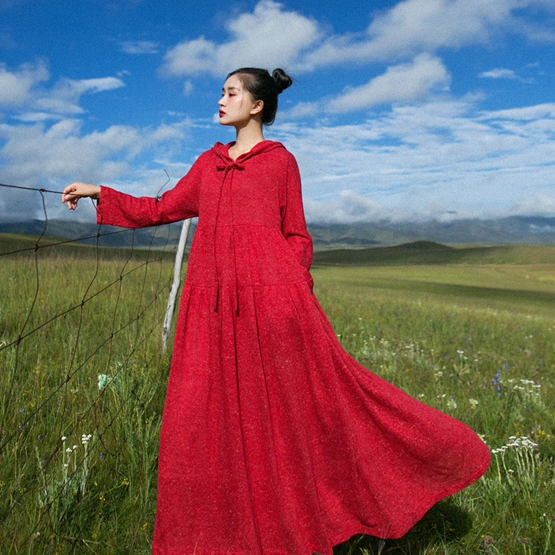 【现货】1480春秋装新款文艺宽松休闲长裙女长袖针织连帽长款连衣裙