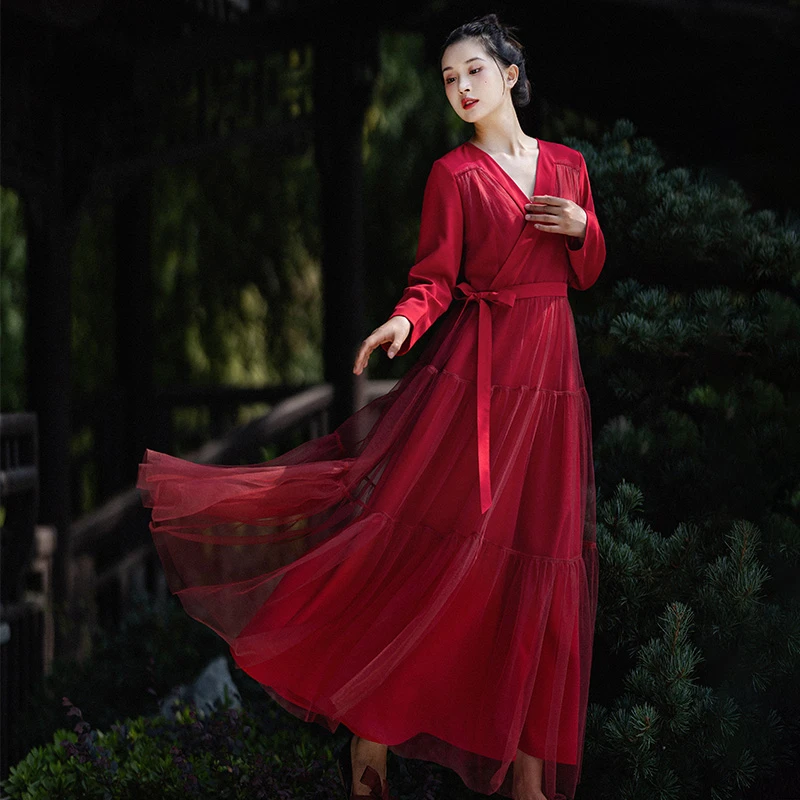 糖十一【红妆】国风红色连衣裙女春季2025新款改良汉服内搭气质裙