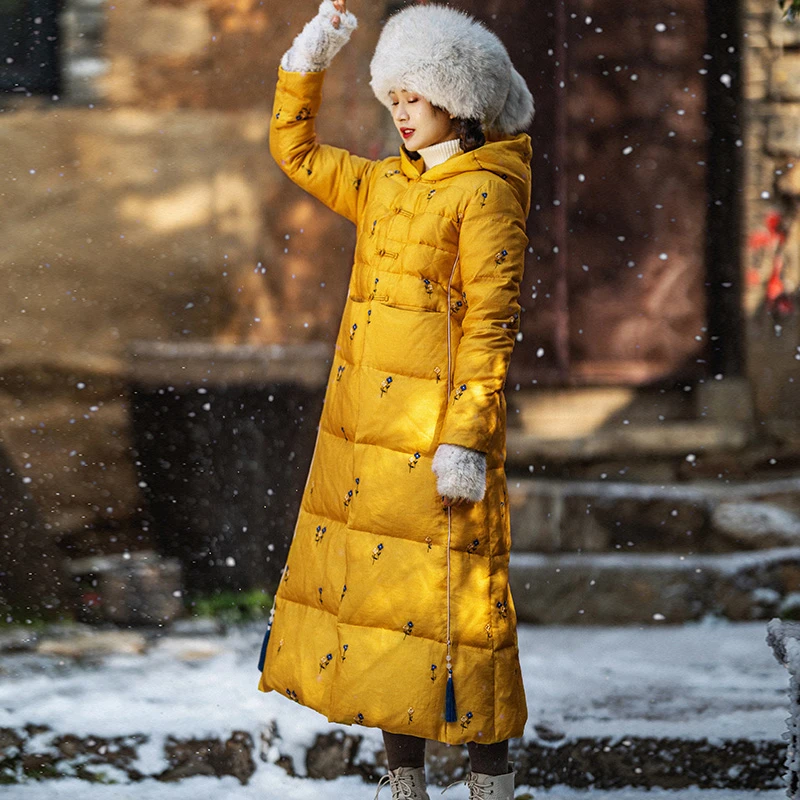 现货【一盏花缘】复古连帽羽绒服女冬长款2022年轻便保暖棉服