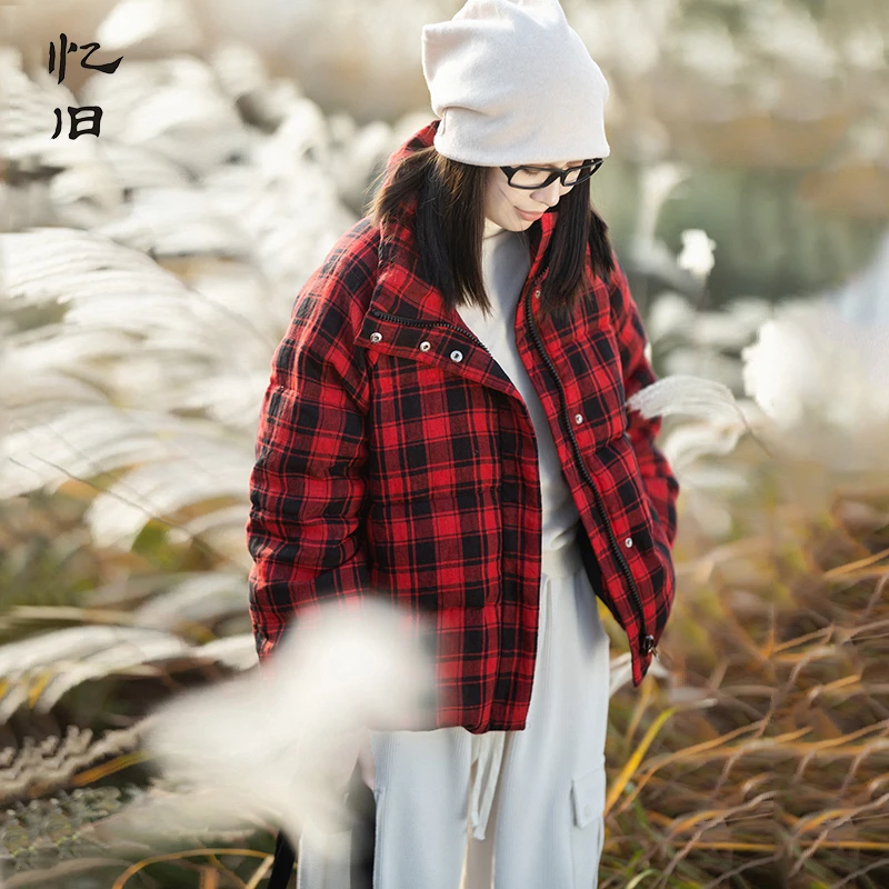 忆旧现货【格子情书】冬季色织亚麻经典黑红格子立领羽绒服女白鸭绒