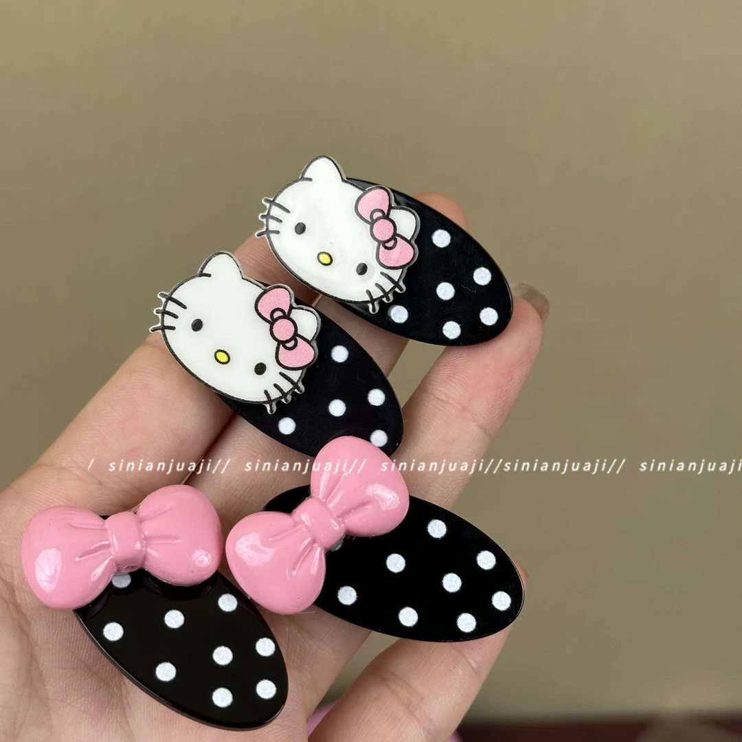 黑白波点KT猫咪蝴蝶结发夹甜妹学生可爱百搭边夹碎发刘海夹鸭嘴夹