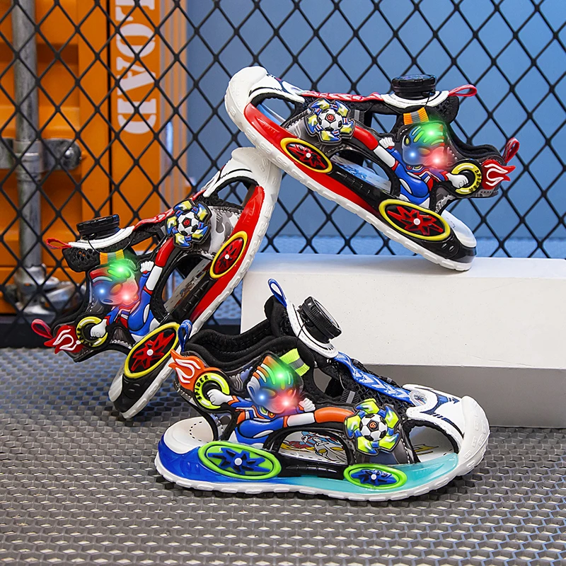 奥特曼男童软底儿童鞋包头网面带灯透气旋转扣童男孩凉鞋