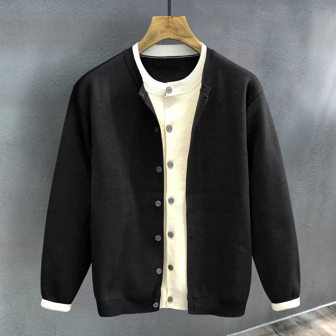 美式重磅圆领毛衣开衫男士秋冬季复古撞色休闲百搭假两件针织外套