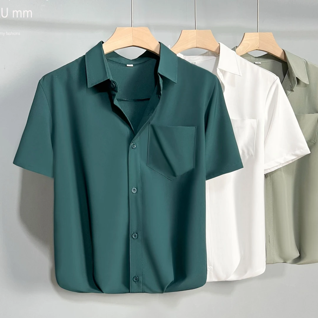 免烫轻奢短袖衬衫男工作服上衣ins潮牌2024夏季宽松垂感丝滑衬衣