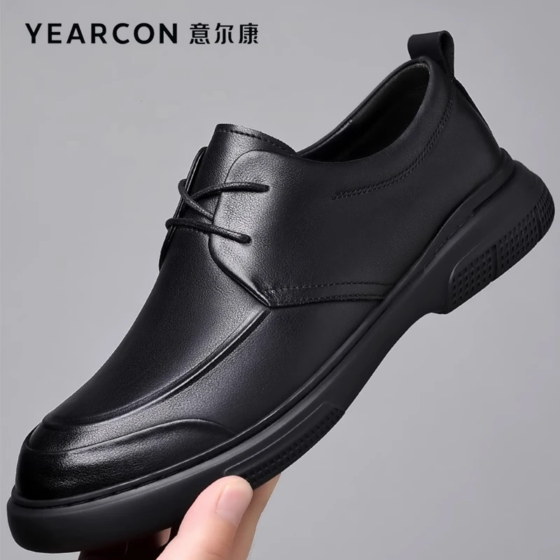 正品意尔康皮鞋男士夏季百搭真皮牛皮透气软底舒适圆头中年爸爸鞋