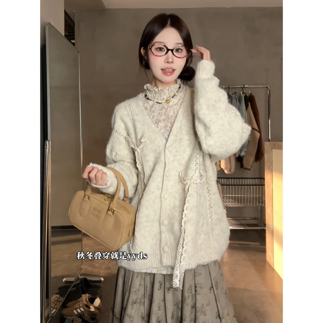 针织衫【旧信笺】早秋新款蕾丝花温柔复古长袖针织开衫气质