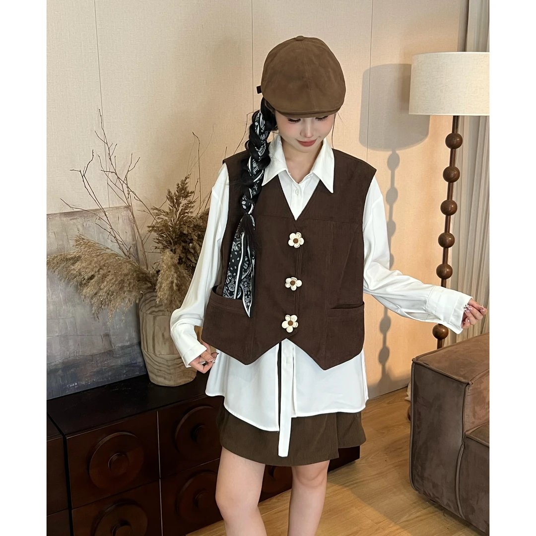 VGVL马甲【日落花园】春季港风设计感纹理感小花纽扣马甲女30121