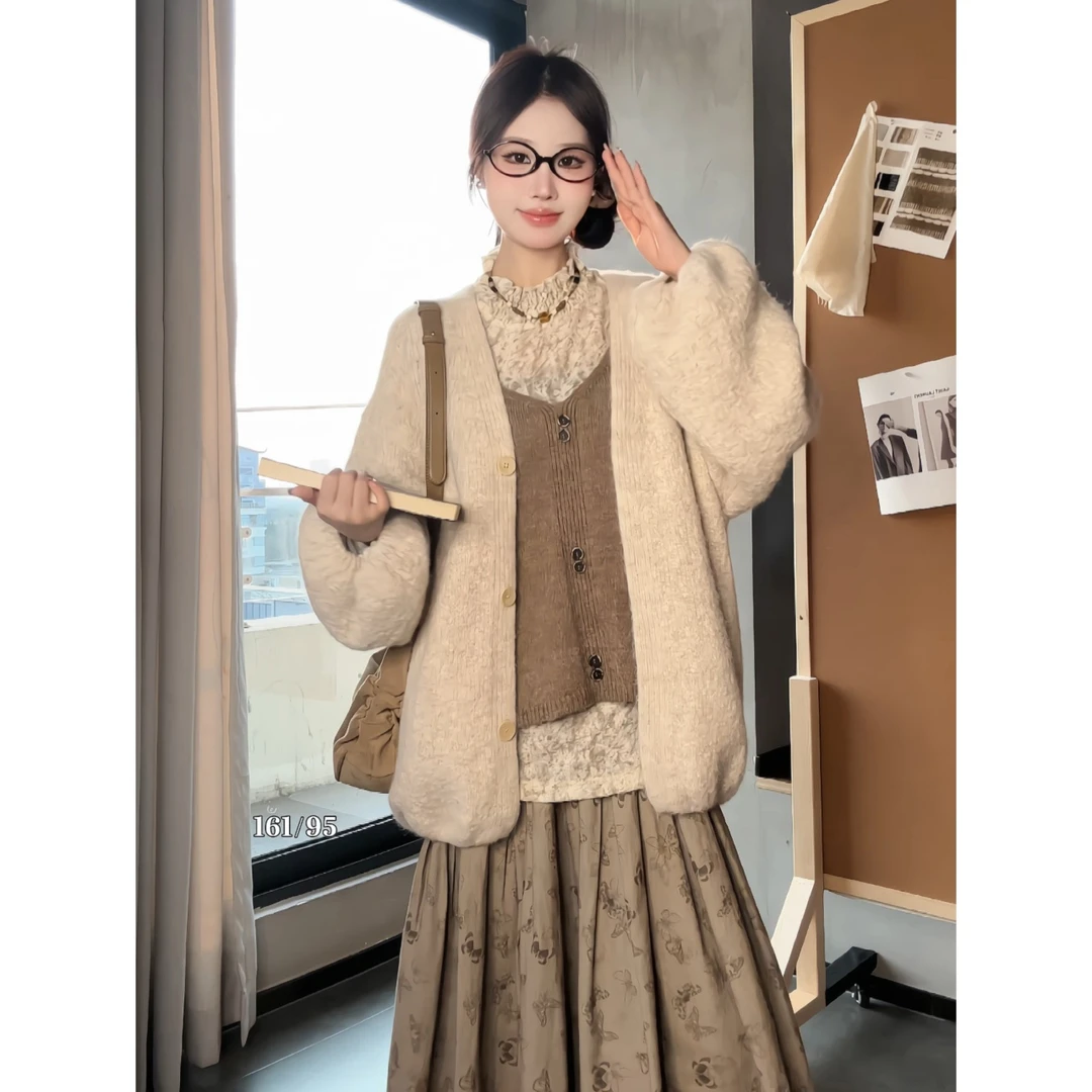 暖羽雅杏毛衣外套秋季时尚百搭纯色慵懒风针织衫