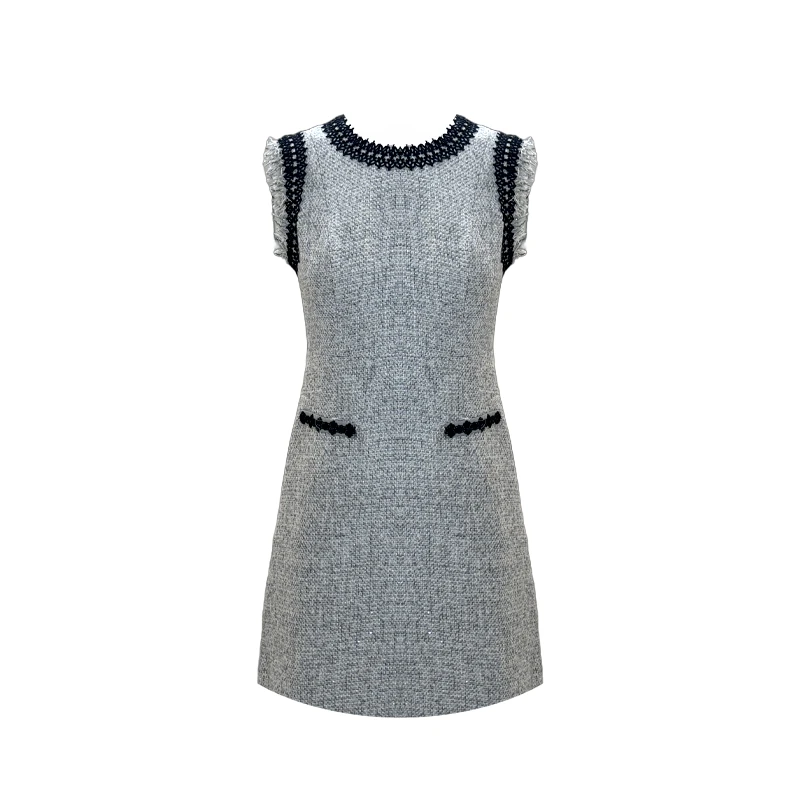 【彭彭echo专属】YAKI PAN 灰色法式小香风连衣裙气质轻奢时尚无袖