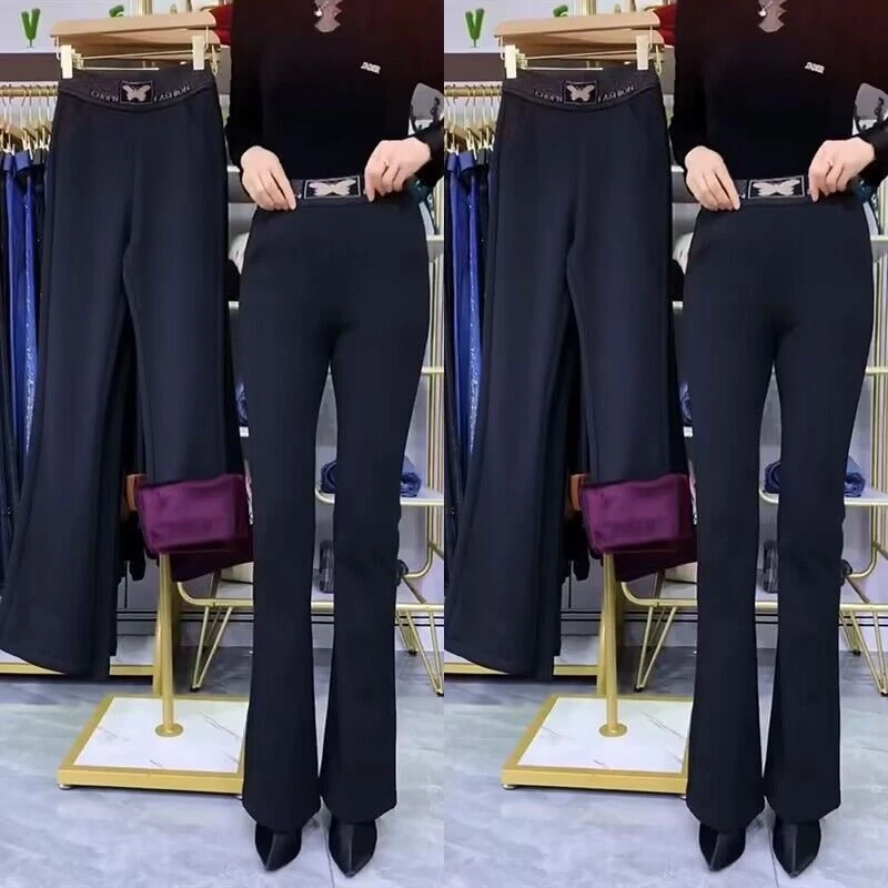 冬季加绒黑色修身显瘦微喇裤女2023秋冬新品高腰高弹力百搭休闲裤