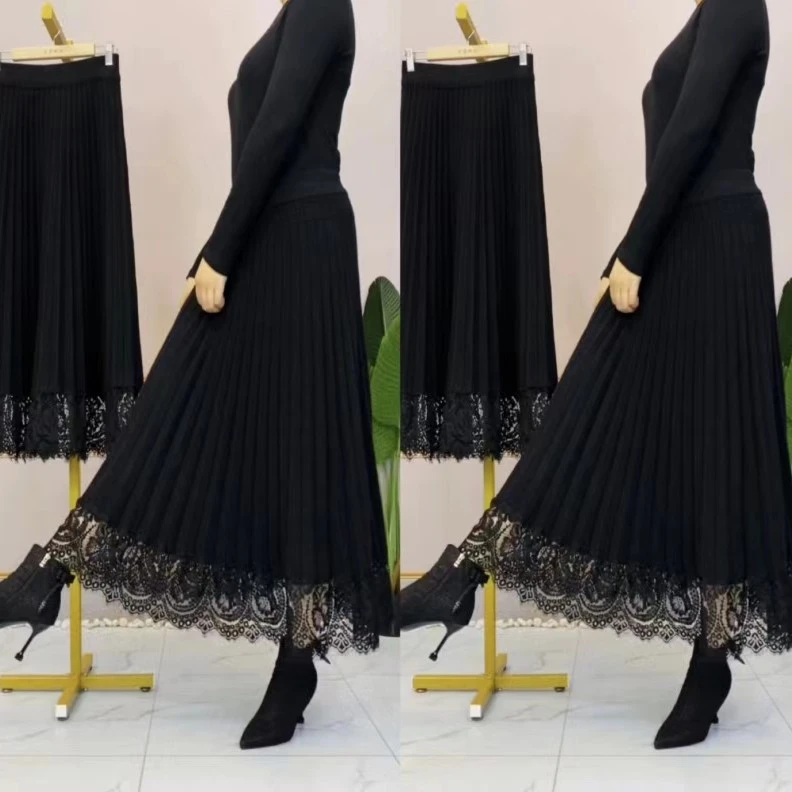 蕾丝花边半身裙女新款高腰纯色百褶裙显瘦百搭松紧腰半身摆群气质