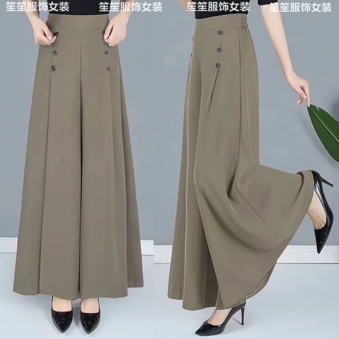 高档裙裤女纯色九分阔腿裤夏季薄款垂顺抗皱修身显瘦百搭松紧腰