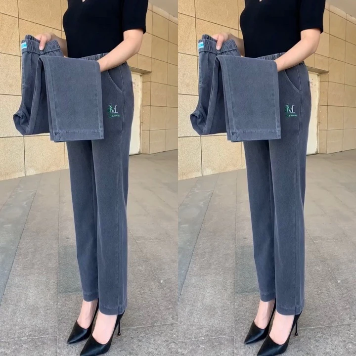 夏季薄款女士冰丝牛仔裤高腰弹力直筒裤宽松长裤子大码休闲裤中年