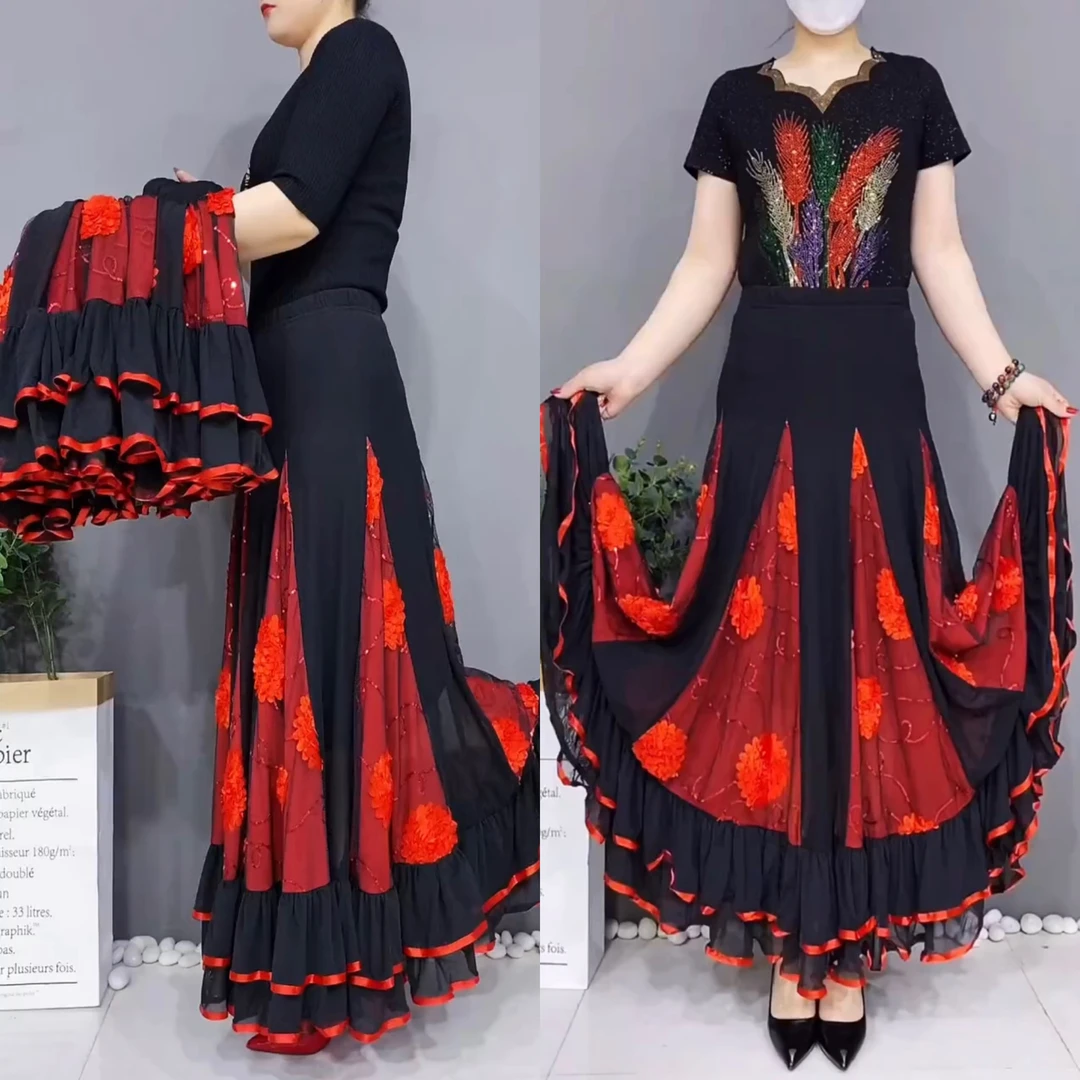 半身裙网纱裙女高档洋气春夏季新款中长款松紧腰大摆舞裙广场舞