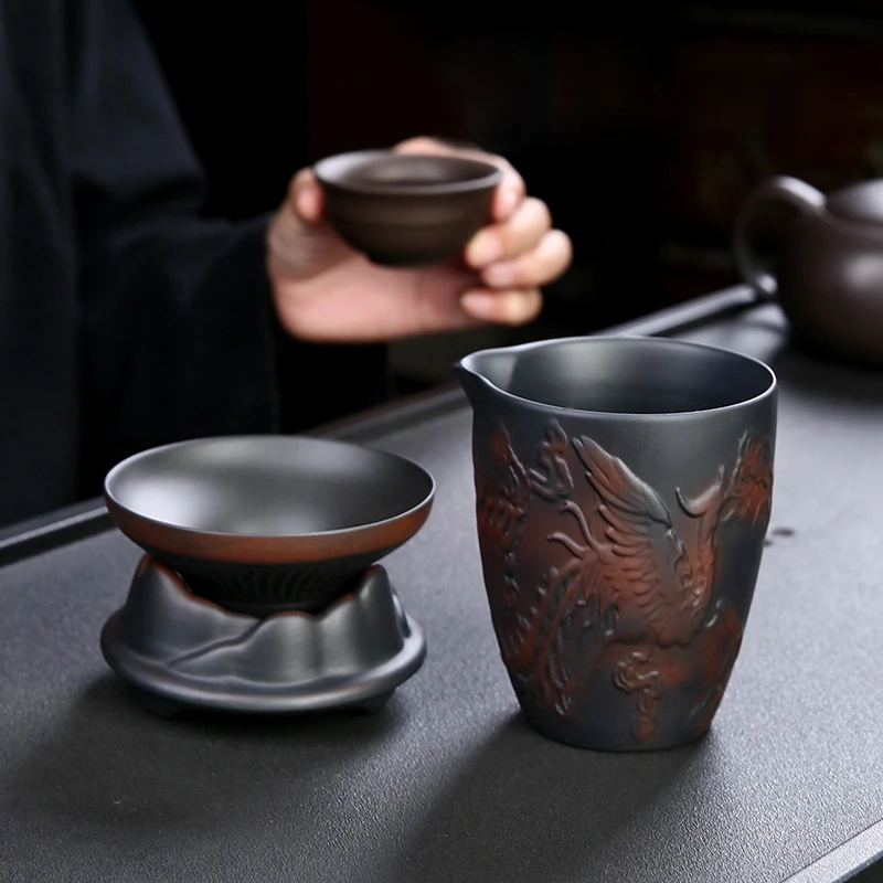 紫陶公道杯茶滤分茶器茶漏一体公杯陶瓷茶具茶漏套组过滤组合三件