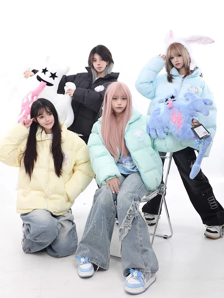 梁拌泡菜美式甜酷幽灵刺绣百搭宽松情侣外套棉服女