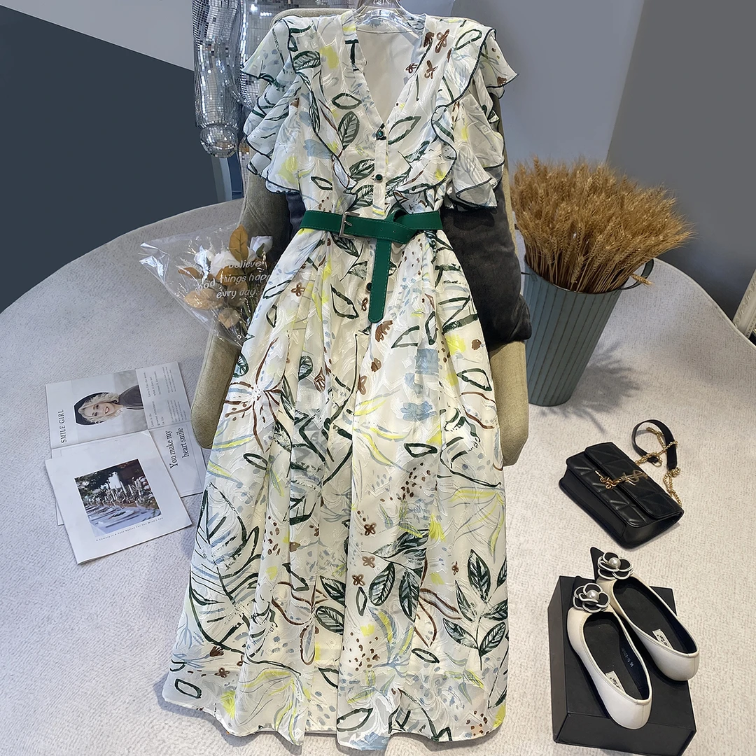 【粉丝福利】CSIN法式夏季绿色印花气质连衣裙女2023新轻奢#91002