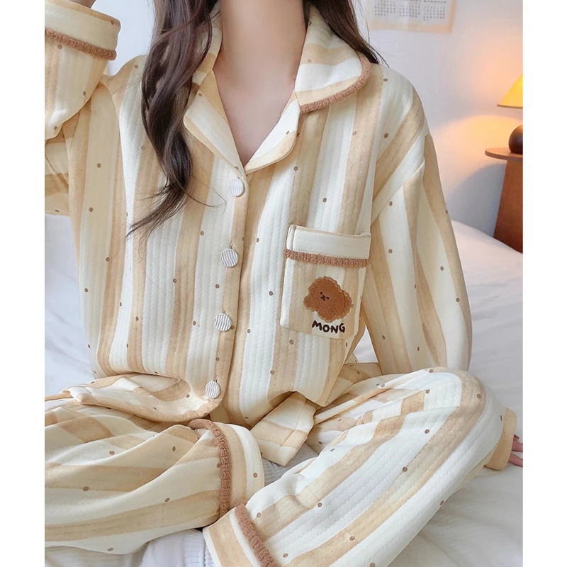 睡衣女款秋冬季长袖夹层网红风条纹2025新款春秋空气棉家居服套装