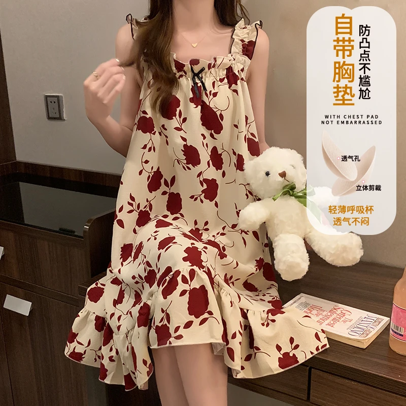 吊带睡裙女夏季带胸垫2025新款红玫瑰花睡衣性感中长款孕妇家居服