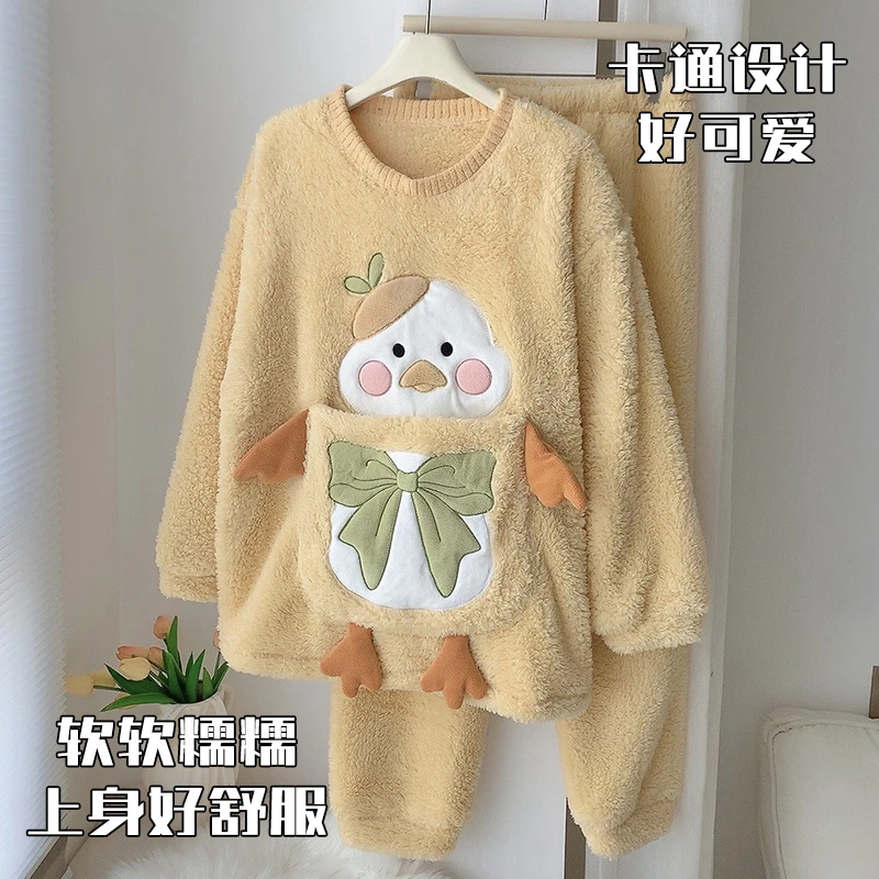 2024秋冬新款珊瑚绒可外穿睡衣女加厚保暖小黄鸭家居服套装法兰绒