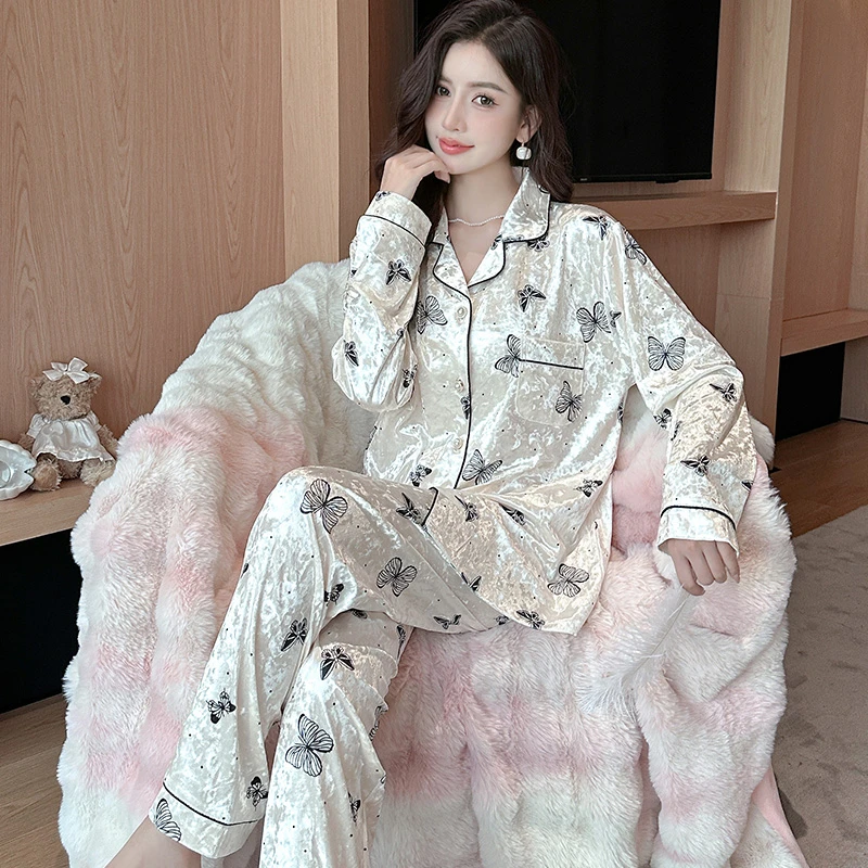 蝴蝶睡衣女秋冬季长袖金丝绒韩版薄绒两件套装春秋天网红风家居服