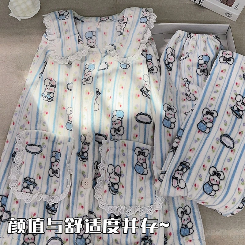 田园风睡衣女法兰绒加厚保暖2024秋冬新款珊瑚绒家居服套装可外穿