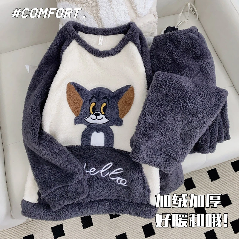 秋冬季新款加厚珊瑚绒青少年男士睡衣卡通加菲猫法兰绒家居服套装