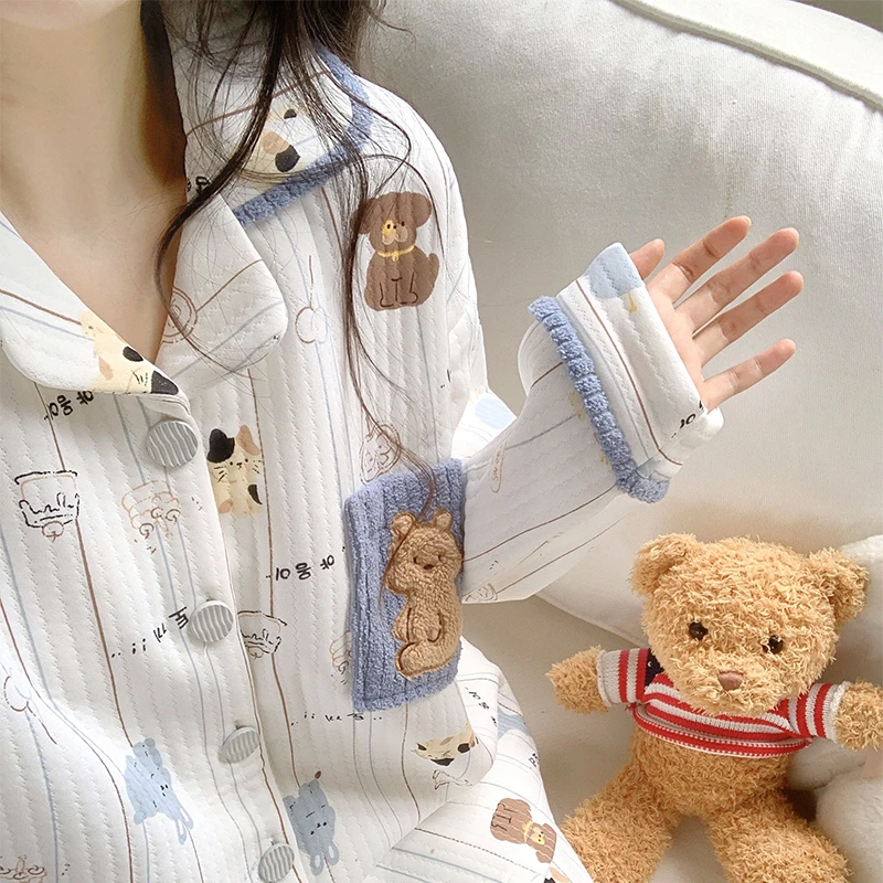 空气棉睡衣女春秋款长袖夹层韩版开衫冬季厚款宽松家居服两件套装