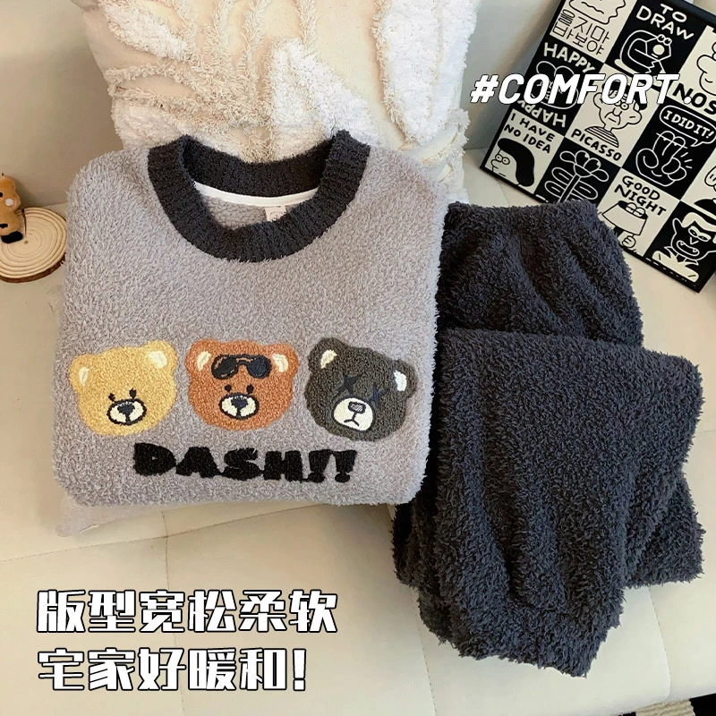 珊瑚绒睡衣男款秋冬季加厚圆领套装半边绒卡通男生青少年家居服