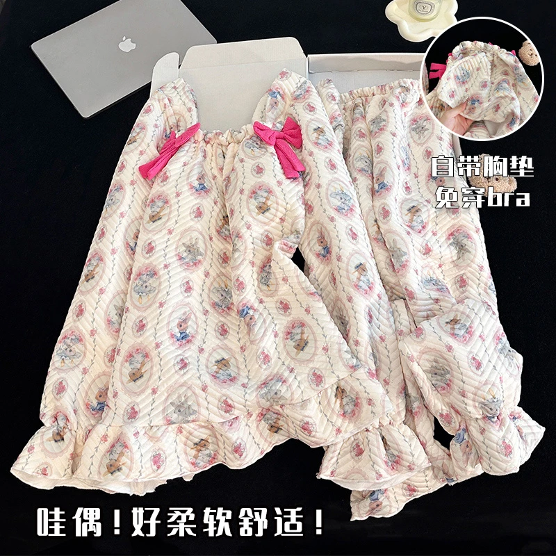 公主风睡衣女秋冬季长袖带胸垫加厚空气夹层棉2025新款春秋天套装