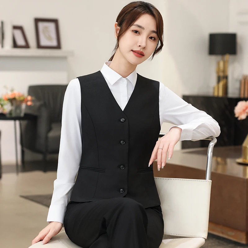 大码西服马甲女春秋款高端工作服务员工装职业西装正装黑马夹背心