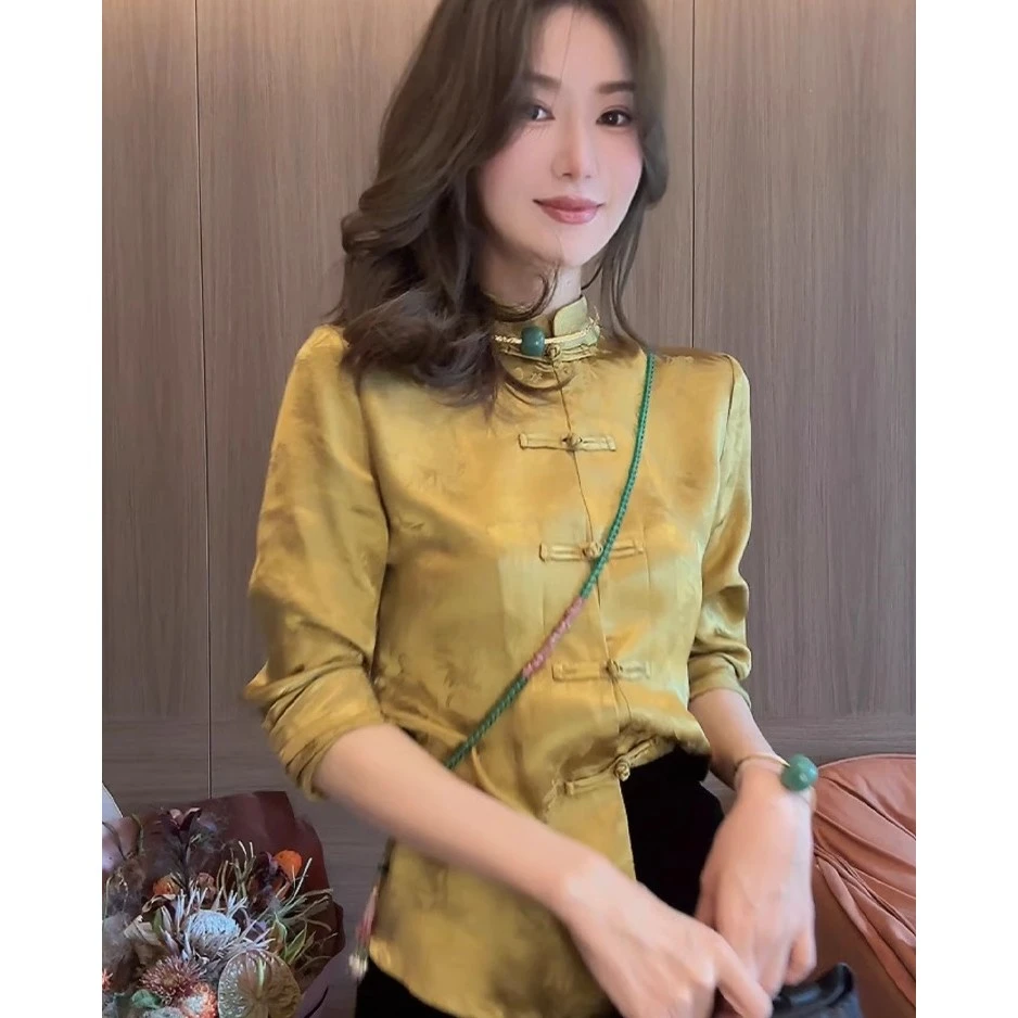 新中式黄色衬衫女秋冬2023新款国风洋气时尚盘扣提花斜襟长袖衬衣