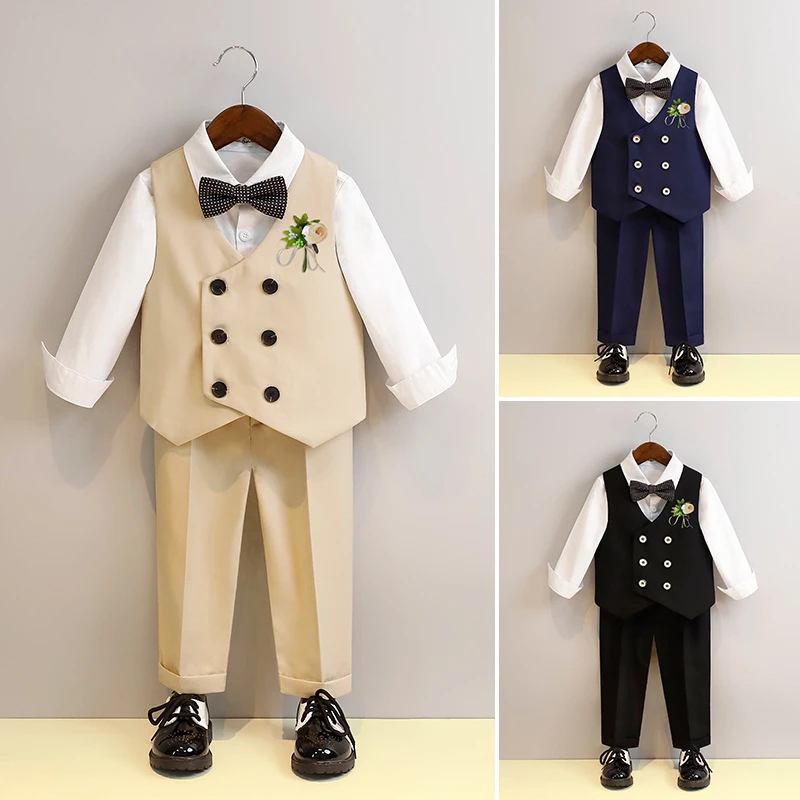 儿童套装新款春夏短袖马甲套男童花礼服中小童宝宝周岁生日宴会服