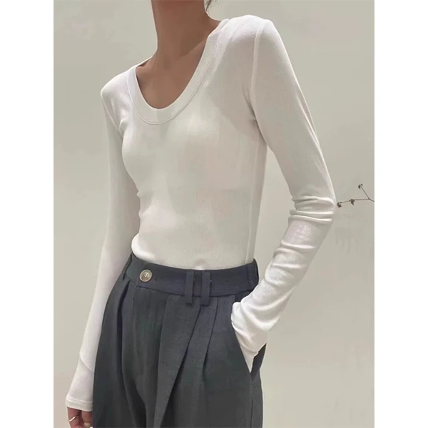 早秋新款女装螺纹大圆领长袖t恤内搭打底衫气质修身百搭显瘦上衣