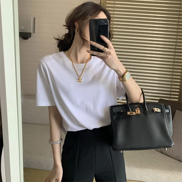 高品质正肩短袖t恤女装直播间白色打底衫显瘦圆领时尚夏季上衣服